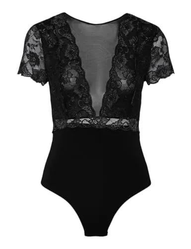 PIECES Pcsicca Ss Bodystocking Noos - Erotische Bodystockings für Damen, mit Spitzen-Details und körperbetonter Passform für einen verführerischen Look.