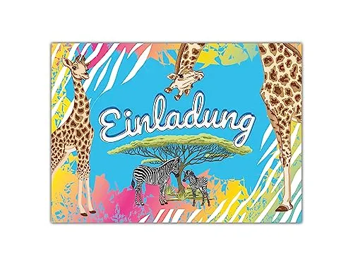Limonia 12 Einladungskarten zum Kindergeburtstag Einladung Geburtstag Mädchen Jungen Karten Safari Giraffe Zebra Pferd Sahara