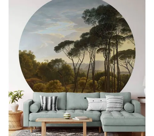 K&L Wall Art Fototapete Voogd Vintage Landschaft - Hochwertige Vliestapete im runden Design, ideal für moderne Wohnräume. Einfach anzubringen, ohne Einweichzeit. Mit der beigelegten Schablone gelingt der Zuschnitt mühelos. Perfekt für kreative Wandgestaltungen!