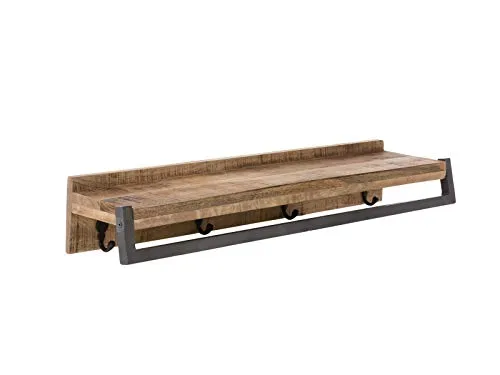 Woodkings® Bad Wandregal Pune - Rustikales Holzregal mit Handtuchhalter - Duschkörbe & Duschablagen: Massives Mango-Holz, handgefertigt, ideal für kleine Badezimmer mit Handtuchstange und vier Haken, kein Aufbau notwendig, einfach aufhängen.