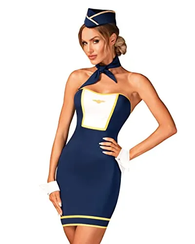 Obsessive Stewardess Outfit - Sinnliches Dessous für Frauen - Erotische Kostüme für Damen, verführerisches Stewardess-Set mit Kleid, Mütze, Schal und Stulpen; perfekt für romantische Abende oder Faschings- und Halloweenpartys.