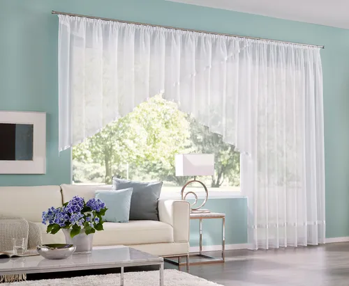 Kuvertstore "Eby" – Fertiggardine transparent weiß 100 cm - Kräuselband Gardine aus leichter Voile-Qualität mit elegantem Satinband für einen schönen Faltenwurf, ideal für stilvolle Fensterdekoration.