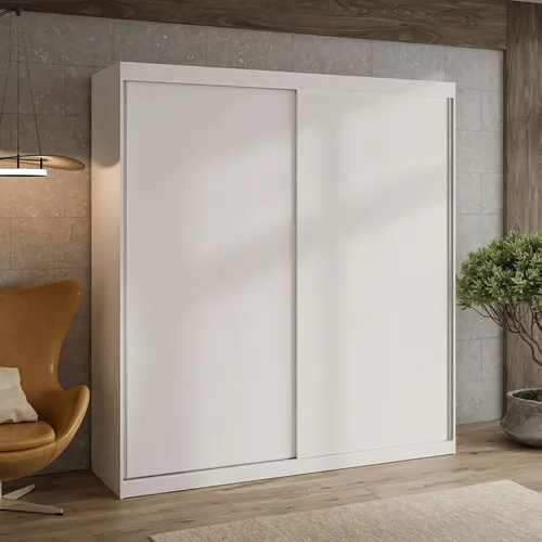 Kleiderschrank BASTER 200 cm mit Schiebetüren in Weiß - Der vielseitige Schwebetürenschrank BASTER bietet durch seine 9 Regale und eine Kleiderstange viel Stauraum. Ideal für moderne und klassische Räume, sorgt er für Ordnung und Komfort in jedem Zuhause.