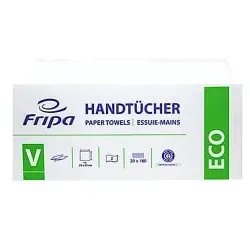 Fripa Papierhandtücher ECO, V-Falz, 25 x 23 cm - Hygieneartikel aus 100% Recycling-Tissue, RAL UZ 5 zertifiziert, mit spezieller Dekor-Prägung für hohe Saugfähigkeit und Griffigkeit.