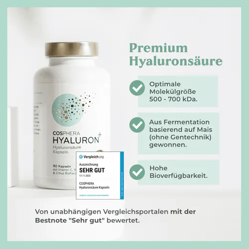 COSPHERA Hyaluronsäure Kapseln 90 St - für straffe Haut - Nahrungsergänzungsmittel mit hochdosierter Hyaluronsäure, unterstützt die Hautelastizität und sorgt für ein jugendliches Aussehen.