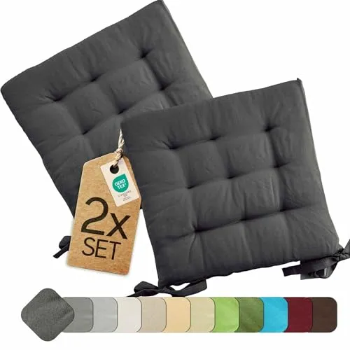 etérea 2er Set Sitzkissen Outdoor 40x40 mit Bändern - Stuhlkissen Anthrazit für Gartenstuhl & Innenbereich - waschbare Sitzauflagen Gartenmöbel - 2 Stück Kissen 40x40 cm - Anthrazit