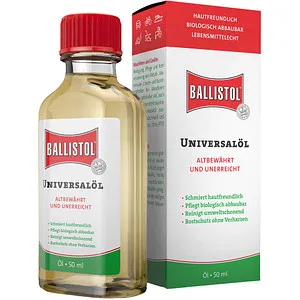 BALL 21000 Universalöl, 50 ml - Das vielseitige Spezialöl - Schmier- und Schutzmittel, ideal für Handwerk und Haushalt. BALLISTOL Universalöl schützt, pflegt und reinigt Metall, Holz, Leder und mehr – biologisch abbaubar und dermatologisch getestet.