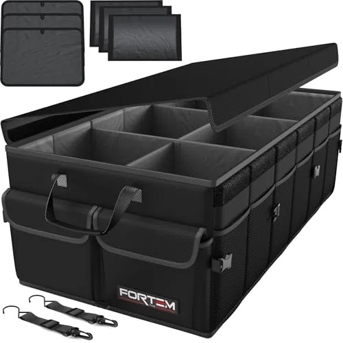 FORTEM Kofferraum Organizer - Zusammenklappbare Kofferraumtasche mit Fächern - Kfz-Kofferraum-Ordner mit robustem Design, rutschfestem Boden und verstellbaren Gurten für optimale Organisation und Sicherheit im Auto.