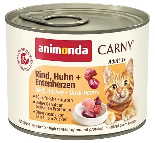 animonda Carny Katzen Nassfutter Rind + Huhn + Entenherzen (6 x 200g), getreidefreies Katzen Nassfutter ohne Zucker, mit frischen fleischigen Zutaten