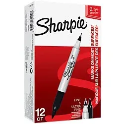 Sharpie Twin Tip Permanentmarker Fein Rundspitze Schwarz 12 Stück - Praktische 12er-Packung Sharpie Permanentmarker mit Doppelspitze. Ideal für präzises Schreiben und Zeichnen. Die schnelltrocknende Tinte ist wasserabweisend und abriebfest, perfekt für kreative Projekte.