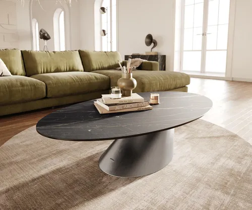 DELIFE Couchtisch Edge Oval 140x80 cm – Eleganter Keramiktisch in Braun - Der ovale Couchtisch Edge mit Laminam® Keramikplatte in edlem Braun verleiht Ihrem Wohnzimmer eine stilvolle Note. Robust und pflegeleicht, ideal für jeden Anlass. Maße: 140x80 cm, H33 cm, mit modernem Edelstahlgestell.