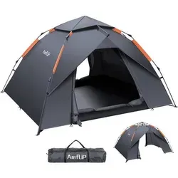 Amflip Camping Zelt 3 Mann Instant Pop Up Kuppelzelt 4 Jahreszeiten Grau - Zelt für 3 Personen, schnell aufzubauen und wetterfest, ideal für jedes Abenteuer im Freien.