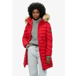 Steppjacke SUPERDRY "FUJI FAUX FUR HOOD MID LENGTH" Damen S, dunkelrot - Funktionsjacke mit durchgehendem Reißverschluss und Kapuze mit Fellimitat. Ideal für kühle Tage und lässige Outfits, perfekt für Spaziergänge und Treffen mit Freunden.