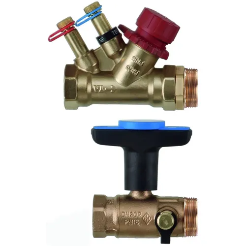 Heimeier Anschlussset 2 für Dynacon 9339-02.800 - Fußbodenheizungen mit TBV NF Reglulierventil und Globo Kugelhahn DN 20 für präzise Durchflussmessung und einfache Installation.