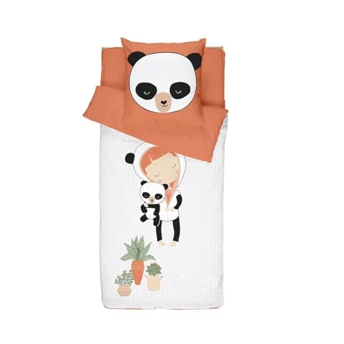 Caradou Kinderbettwäsche MISS PANDA, 4-teilig inkl. Bettdecke, 90x190 cm, Baumwolle, Orange