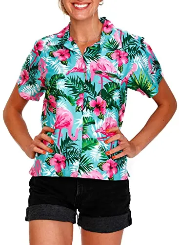 King Kameha Funky Hawaii-Bluse-Hemd, Kurzarm, Flamingo-Flowers, Türkis-Pink, M