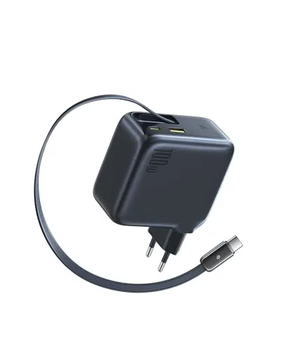 Baseus Enercore USB C Ladegerät 100W mit Ausziehbaren Kabel, 3 Ports GaN Netzteil, PD Schnellladegerät kompatibel mit MacBook Pro Air, Dell, HP, iPad, iPhone 17/16/15/14/13Pro Max Galaxy S25/24Ultra