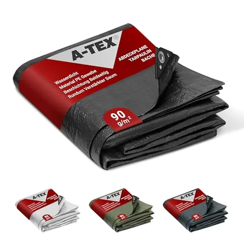 A-TEX® Abdeckplane 90g/m² (Schwarz, 4 x 6 m) Verschiedene Stärken, Größen und Farben wählbar | Plane mit Ösen | Gewebeplane Gartenplane Bauplane Schutz | wasserdicht | reißfest | UV-stabilisiert