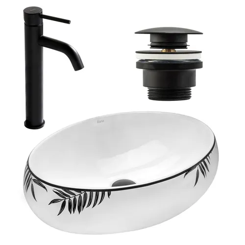 Rea Set Aufsatzwaschbecken Shila mit Waschbeckenarmatur Lungo Black Matt - Elegantes Waschbecken-Set mit moderner Armatur in Schwarz Matt. Perfekt für stilvolle Badezimmer und einfach zu reinigen. Hochwertige Sanitärkeramik sorgt für Langlebigkeit und Funktionalität.