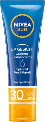 NIVEA SUN UV Gesicht Gesichts-Sonnencreme mit LSF 30 - Sonnenschutzmittel für Gesicht, Hals & Dekolleté mit sofortigem LSF 30 Schutz, 24h Feuchtigkeitspflege und umweltfreundlicher Verpackung – ideal für strahlende, geschützte Haut.