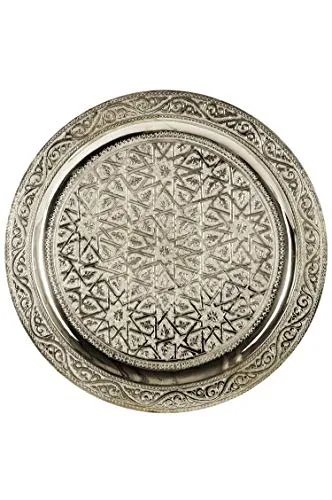 Marrakesch Orient & Mediterran Interior Dekotablett Mehdia Silberfarben 30cm - Dekotablett aus handgefertigtem Messing, ideal zum stilvollen Servieren von Tee. Ein Muss für Orientfans, erhältlich in Silber, Gold oder Kupfer.