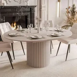 Esstisch Rund Ausziehbar LINNEA Ø 120-160 cm – Lamellen-Optik in Kaschmir / Beige - Moderner Esstisch Linnea in Kaschmir – ideal für stilvolle Esszimmer. Flexibel ausziehbar von 120 auf 160 cm, sorgt für maximale Beinfreiheit und eine warme Atmosphäre.