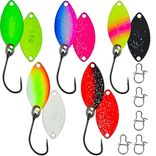 Paradox Fishing Forellen-Spoon Set – 5 UV-aktive Spoons 1,5g & 5 Snaps – Beidseitig farbige Forellenköder mit Einzelhaken zum Ultra Light Angeln (UL)