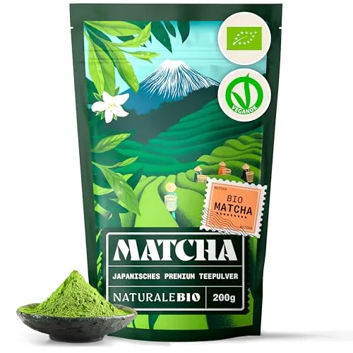 NaturaleBio Matcha Tee Pulver Bio - Premium-Qualität - 200g. Original Green Tea aus Japan. ideal zum Trinken. Grüntee-Pulver für Latte, Smoothies, Matcha-Getränk. Hergestellt in Uji, Kyoto.