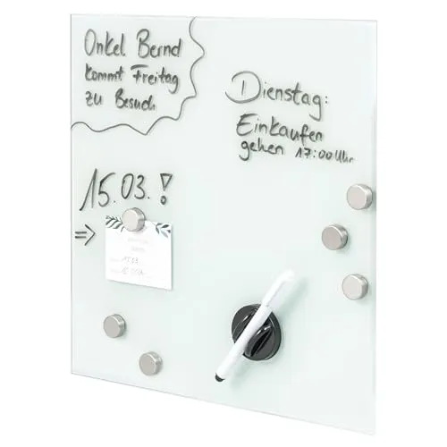 bremermann Magnettafel mit Glasfront und Zubehör - Stylische Magnettafel mit weißer Glasfront, 6 Magneten und 1 abwischbarem Marker. Ideal für Notizen und zur dekorativen Wandgestaltung. Inklusive Bohrschablone für einfache Montage.