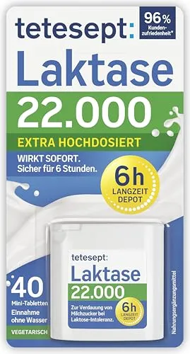 tetesept Laktase 22.000 – 40 Mini-Tabletten für unbeschwerten Genuss - Verbessert die Verdauung von Laktose mit 6 Stunden Depotwirkung. Ideal für unterwegs und zu Hause – genießen Sie Milchprodukte ohne Sorgen. Gluten- und laktosefrei, individuell dosierbar.