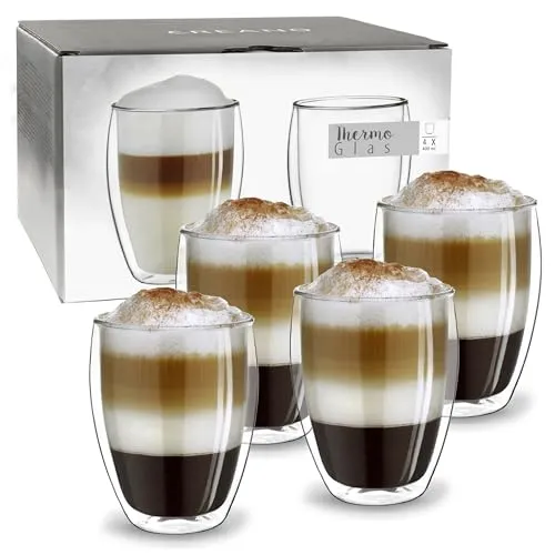 Creano Teeglas Thermoglas “hoch” 4er-Set 400ml aus Borosilikatglas - Teegläser aus hitzebeständigem Borosilikatglas mit doppelwandiger Isolierung für perfekten Trinkkomfort. Ideal für heiße und kalte Getränke, spülmaschinengeeignet und handgefertigt.