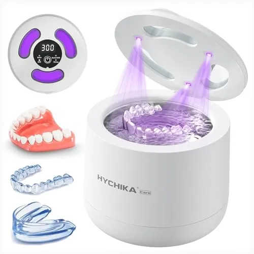 Ultraschallreinigungsgerät Zahnschiene mit UV Sterilisierung,45 kHz Hochfrequenz, 4 Modi UV Zahnschiene Reinigung,200 ml,Zahnreinigungsbehälter,Retainers,Aligner etc.,（Weiß）
