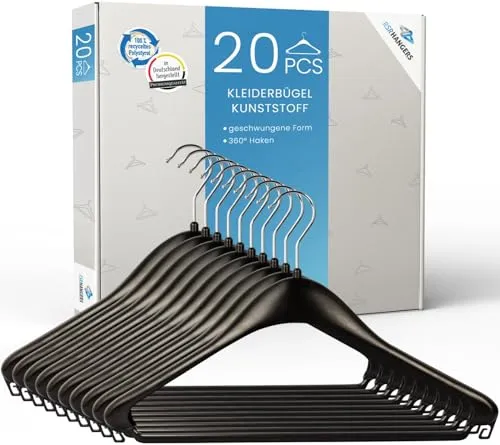 RSR Hangers Kleiderbügel Kunststoff 20 Stück schwarz 44 cm - Praktische 20er-Packung stabiler Kleiderbügel aus Kunststoff, 44 cm lang. Mit 360° drehbarem Haken für flexibles Aufhängen und abgerundeten Seiten für einfaches Anbringen Ihrer Kleidung.