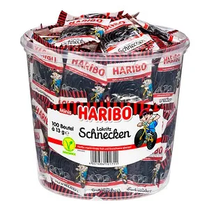 Haribo Lakritz-Schnecken Rotella Minibeutel 100 Stück - Leckere Lakritz-Schnecken im praktischen Minibeutel, ideal für den Karneval oder als Snack für zwischendurch. Vegetarisch und in einer handlichen Dose verpackt.