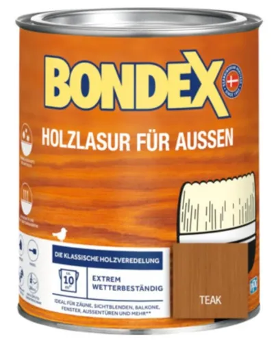 Bondex 329653 Holzlasur für Außen teak 0,75 L - Lacke mit hohem Wetter- und UV-Schutz, ideal für alle Hölzer. Atmungsaktive Formel verhindert Verrottung und Verziehen, sorgt für dauerhaften Schutz vor Algen und Schimmel.