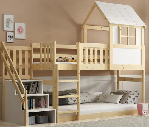 Hochbett mit Treppen und Rutsche, 200x90cm - Modernes Etagenbett aus Massivholz mit Lattenrost und Rutsche für zusätzlichen Spielspaß, ideal für das Kinderzimmer.