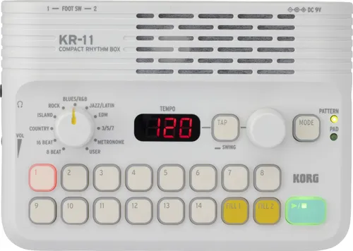 Korg KR-11 Drumcomputer - Vielseitiger E-Drum mit 16 anschlagdynamischen Pads, zahlreiche editierbare Rhythmus-Pattern und neu entwickelte Acoustage Bass Technologie