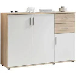Kommode Lucca – Holzfarben, 120 cm breit - Moderne Kommode in Eichenoptik und Weiß, mit viel Stauraum für Geschirr oder Kleidung. Pflegeleichte Oberfläche und silberfarbene Griffe setzen stilvolle Akzente.