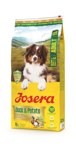 Josera Duck & Potato 12,5 kg - Getreidefreies Hundefutter - Hundefutter für ausgewachsene Hunde mit 75 % tierischem Protein, Biotin und wertvollen Fettsäuren für schöne Haut und glänzendes Fell. Ideal zur Unterstützung des Immunsystems.