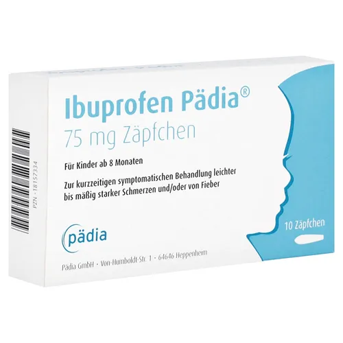 Ibuprofen Pädia 75 mg Zäpfchen 10 ST - Praktische Zäpfchen zur Unterstützung der symptomatischen Behandlung von Schmerzen und Fieber bei Kindern ab 8 Monaten. Einfach anzuwenden und ideal für die schnelle Linderung.