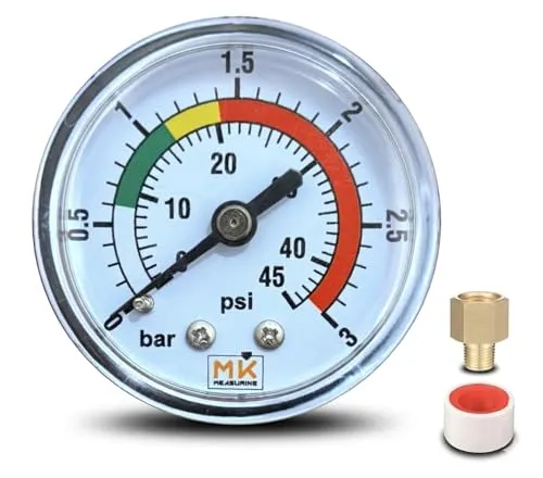 MK MEASURING - Poolfilter-Manometer 0-3 bar / 45 PSI, 1/4" BSP Messinganschluss axial, 2" Zifferblatt, für Sandfilteranlagen – Inkl. Teflonband und 1/8" Adapter