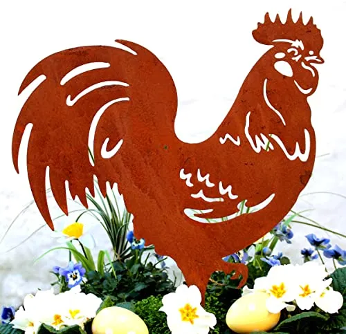 LB H&F Lilienburg HAHN Osterdeko Roststecker - Dekorative Gartenpfosten, wetterfest und ideal zur Verschönerung von Blumenkästen und Gärten – der 40cm große Hahn aus Metall sorgt für ein festliches Osterambiente.
