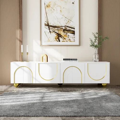 Merax Lowboard mit 4 Türen und goldenen Akzenten, 170 cm TV-Schrank in Weiß - Eleganter TV-Ständer mit goldenen Details und diskreter Aufbewahrung. Vier Türen mit Push-to-Open Funktion bieten praktischen Stauraum. Ideal für große Fernseher und verschiedene Einrichtungsstile.