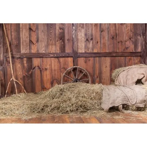 YongFoto 3x2m Vinyl Foto Hintergrund Jahrgang Interieur aus Holz Hayloft Heu Heap Board Ecke Altes Rad Fotografie Hintergrund f黵 Photo Booth Party Fotostudio Requisiten