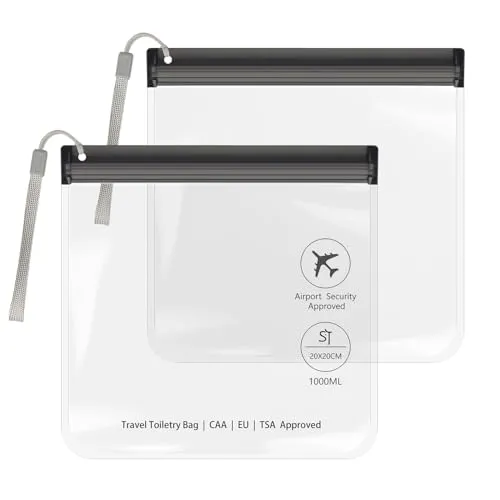 SLIJAR 2 Stück Transparent Kulturtasche mit Lanyard,Flugzeug Beutel Flüssigkeiten 20 x 20 cm,1 Liter Beutel Flugzeug Kulturbeutel,Reise Kosmetiktasche Reisegrößen Waschtasche für Damen & Herren