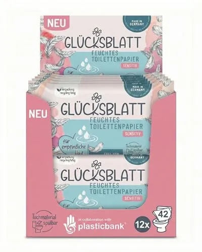 Glücksblatt feuchtes Toilettenpapier Sensitiv, 12 Packungen mit je 42 Tüchern, ohne Duft- und Farbstoffe, parfümfrei, dermatologisch getestet, für empfindliche Haut, sanfte Pflege