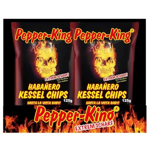 Pepper-King Habanero Kessel Chips 10x125g - Snacks mit extrem scharfen Habanero-Chili, im Kessel gekocht für unvergleichlichen Geschmack und knusprige Textur – ein Muss für Liebhaber scharfer Snacks!