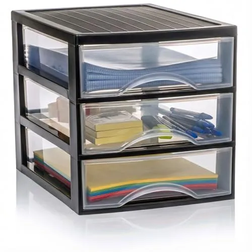 Hausfelder Schubladenbox A4 - 3 Schubladen für perfekten Büro-Organizer - Optimale Organisation mit transparenter Schubladenbox: Vollständige Sicht auf den Inhalt, praktische Griffe für einfaches Öffnen und vielseitige Nutzung als Ablagesystem im Büro, Küche oder Kinderzimmer. Maße: 36,5x26x28cm.