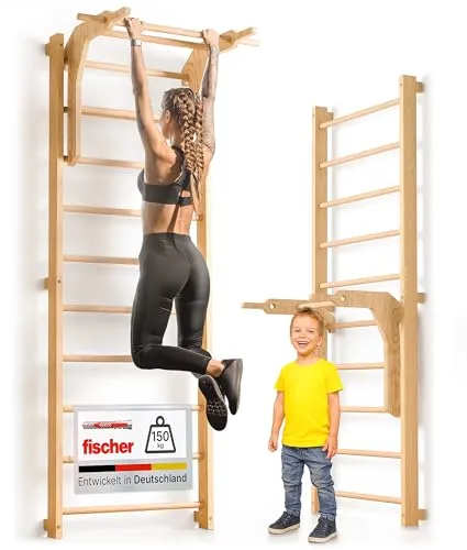 Gurkler Sprossenwand für Erwachsene und Kinder - inkl. Klimmzugstange - Turntrainingsgeräte für vielseitiges Training – höhenverstellbare Sprossenwand mit Klimmzugstange und Dip Extension. Ideal für Krafttraining und Dehnung, bis 150 kg belastbar.