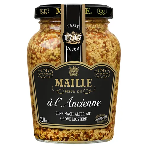 Maille Senf nach alter Art mit Weißwein - Feiner Senf aus Frankreich, verfeinert mit Weißwein für ein intensives Geschmackserlebnis. Ideal für die perfekte Würze von Fleischgerichten und Salaten.